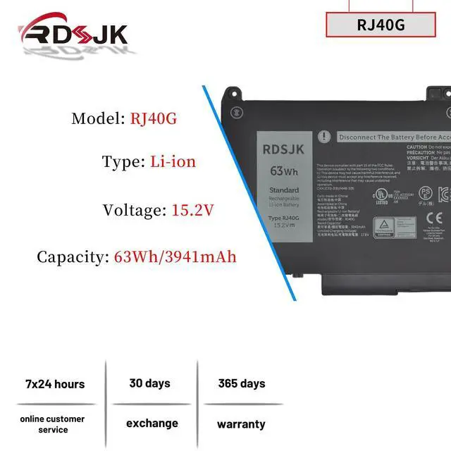 Alt view image 2 of 7 - RJ40G 63Wh Laptop Battery for Dell Latitude 14 5420 Latitude 15 5520 Precision 15 3560 F3T9T Series P137G P137G001 P104F P104F001 P104F002 M033W 01K2CF 075X16 WY9DX 0WK3F1 0M3KCN 005R42 15.2V 3941mAh