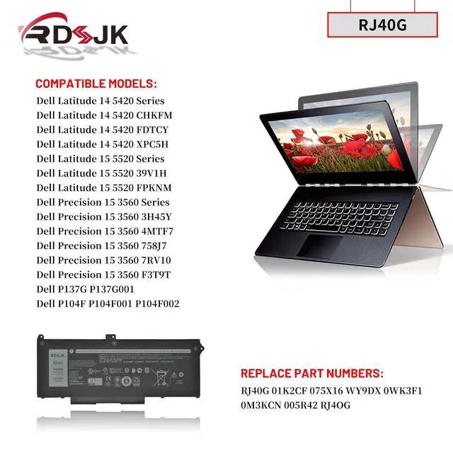 Alt view image 3 of 7 - RJ40G 63Wh Laptop Battery for Dell Latitude 14 5420 Latitude 15 5520 Precision 15 3560 F3T9T Series P137G P137G001 P104F P104F001 P104F002 M033W 01K2CF 075X16 WY9DX 0WK3F1 0M3KCN 005R42 15.2V 3941mAh