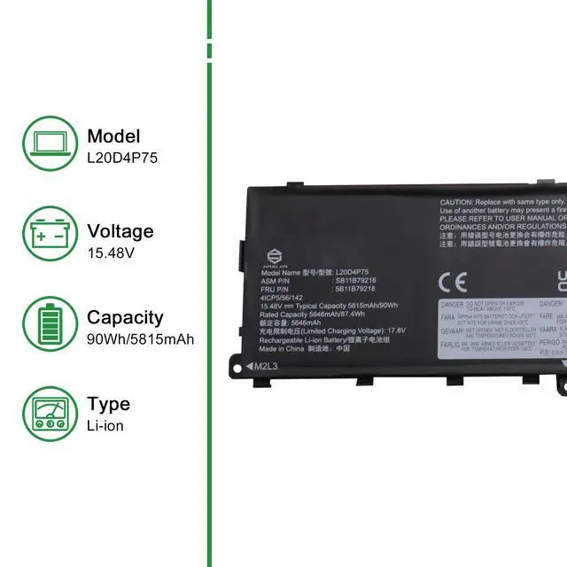 Alt view image 2 of 6 - L20D4P75 Laptop Battery Replacement for Lenovo ThinkPad P1 Gen 4/5/6 Series SB11B79216 5B11B79218 5M11E25314 5M11L99164 L20M4P75 SB11B79215 5B11B79217 5M11E25313 SB11M89862 15.48V 90Wh