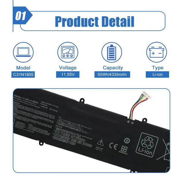 Alt view image 3 of 7 - 50Wh C31N1905 C31N1905-1 Laptop Battery (Long Cable) Replace for VivoBook S13 S333 S333JA S333JP S333JQ S333EA S14 S433IA M433 M433IA S433FA S433FL S15 D533 D533IA M533 M533IA Series 4335mAh