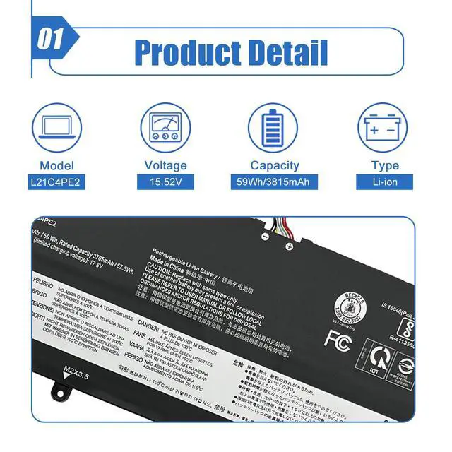 Alt view image 2 of 6 - L21C4PE2 Laptop Battery 59Wh Replacement for Lenovo Yoga 6-13ALC7 6-13ABR8 Series L21L4PE2 SB11F29412 5B11F29411 SB11F29410 5B11F29414 SB11F29418 5B11F29421 15.52V 3815mAh