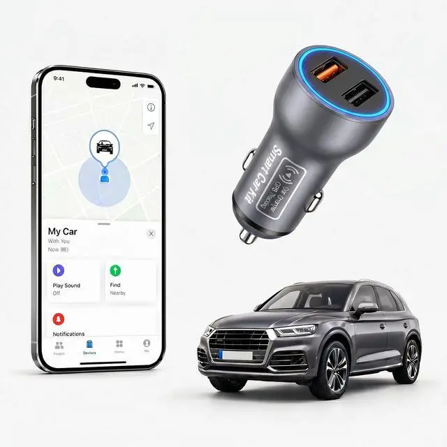 Main image of Grey Car GPS Tracker for Vehicles, 2 in 1 Cigarette Lighter Locator with Dual USB Ports, Plug & Play Vehicle Location Tracker Compatible with Apple Find My, No Monthly Fee No SIM Card, Gray (iOS Only)