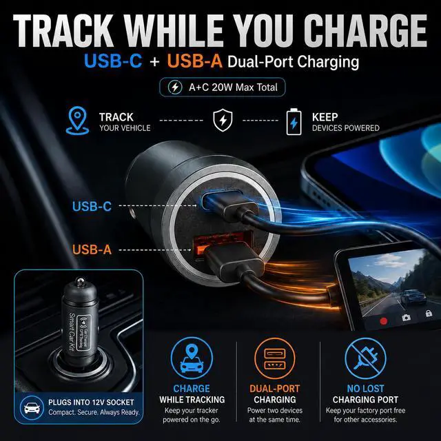 Alt view image 5 of 7 - Grey Car GPS Tracker for Vehicles, 2 in 1 Cigarette Lighter Locator with Dual USB Ports, Plug & Play Vehicle Location Tracker Compatible with Apple Find My, No Monthly Fee No SIM Card, Gray (iOS Only)