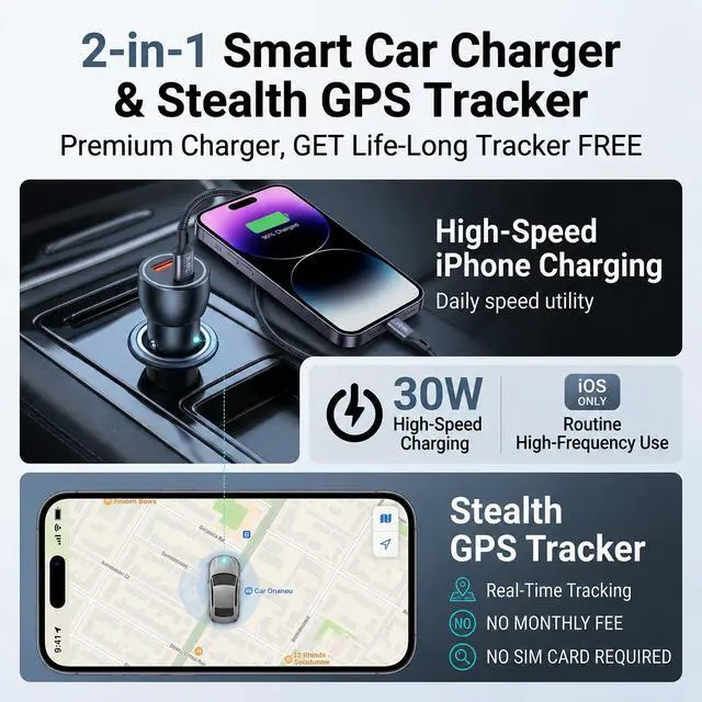 Alt view image 2 of 7 - 2-in-1 GPS Tracker for Vehicles and Car Charger, Cigarette Lighter Vehicle Locator with USB-A & USB-C Dual Fast Charging Ports, Works with Apple Find My, No Monthly Fee Tracking Device (iOS Only)