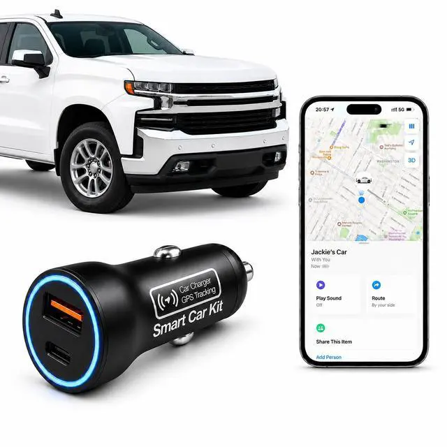 Main image of 2-in-1 GPS Tracker for Vehicles and Car Charger, Cigarette Lighter Vehicle Locator with USB-A & USB-C Dual Fast Charging Ports, Works with Apple Find My, No Monthly Fee Tracking Device (iOS Only)
