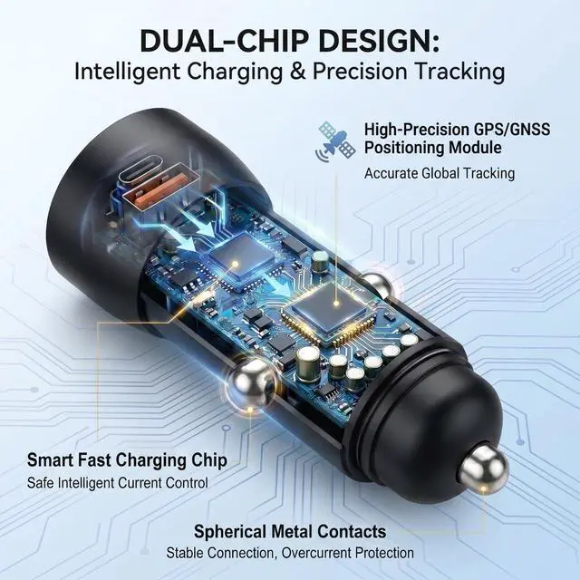 Alt view image 5 of 7 - 2-in-1 GPS Tracker for Vehicles and Car Charger, Cigarette Lighter Vehicle Locator with USB-A & USB-C Dual Fast Charging Ports, Works with Apple Find My, No Monthly Fee Tracking Device (iOS Only)