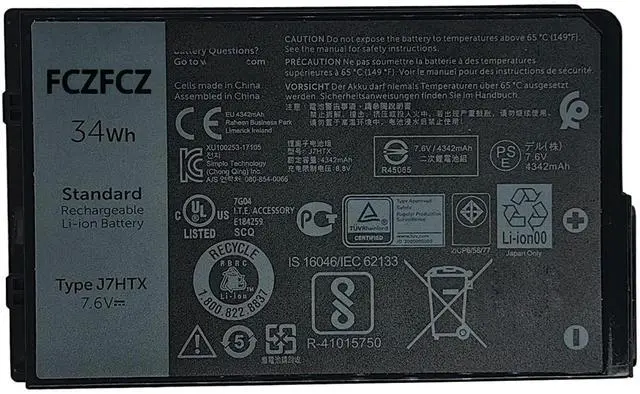 Main image of J7HTX Battery 34Wh 4342mAh 02JT7D 7XNTR FH8RW J82G5 7.6V 4-Cell | Replacement for Dell Latitude 7202 7212 Rugged Extreme / Latitude 7220 Rugged Extreme Series 451-BCDH
