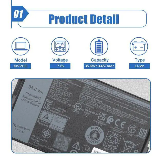 Alt view image 2 of 6 - 35.6Wh 6WVHD Laptop Battery Replacement for Dell Latitude 7230 Rugged Extreme Tablet T06H T06H001 Series Notebook FNW8F VDDJY 0VDDJY JM6CX 0JM6CX 451-BDDY 7.6V 4457mAh