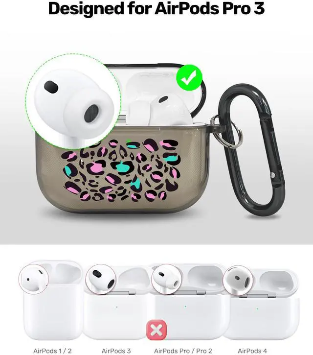 Alt view image 3 of 6 - for AirPods Pro 3 Case Cover with Art Skin, Cute TPU AirPods Case with Keychain Hook, Semi-Transparent Decorative Case for Women, Leopard, Clear Black