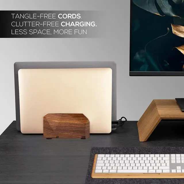 Alt view image 2 of 6 - Premium Vertical Laptop Stand Wooden Dock Compatible MacBook & Laptops | Dual Dock Slot | Ergonomic Desktop Holder & Space-Saving Office Desk Accessory (Indian Rosewood)