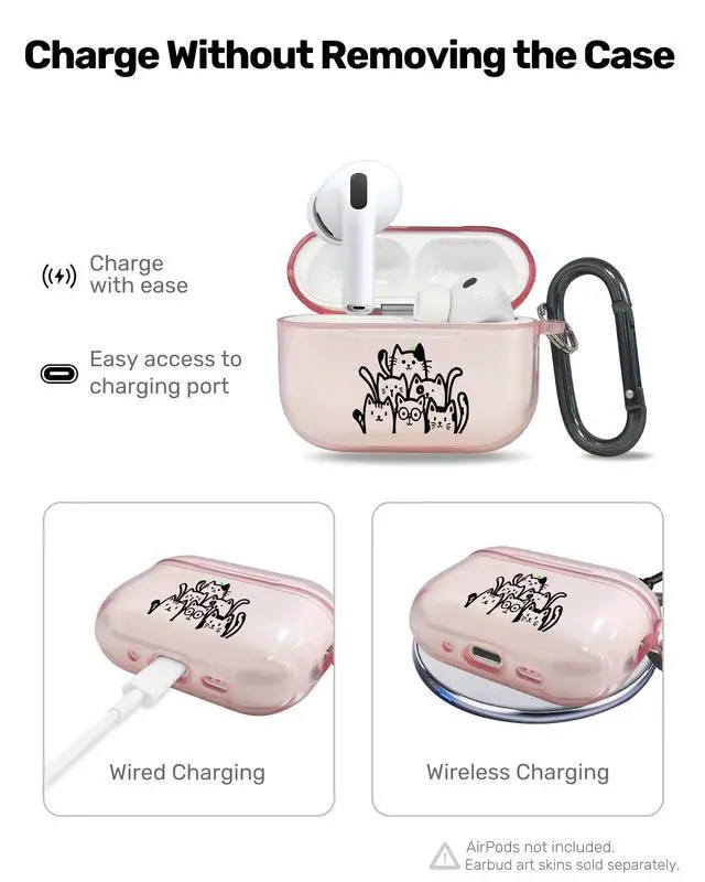 Alt view image 4 of 6 - for AirPods Pro 3 Case Cover with Art Skin, Cute TPU AirPods Case with Keychain Hook, Semi-Transparent Decorative Case for Women, Cute Cat, Clear Pink