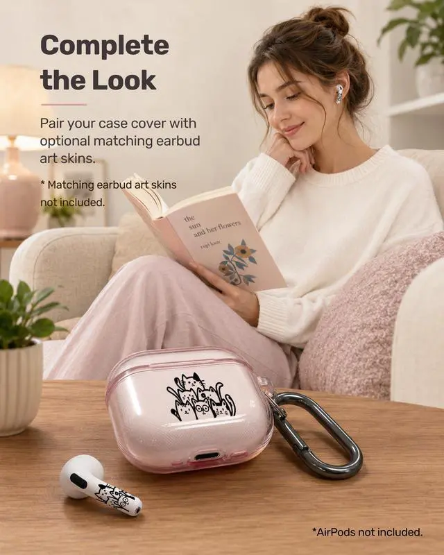 Alt view image 5 of 6 - for AirPods 4 Case Cover with Art Skin, Cute TPU AirPods Case with Keychain Hook, Semi-Transparent Decorative Case for Women, Cute Cat, Clear Pink