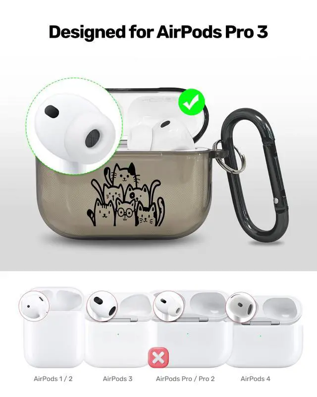 Alt view image 3 of 6 - for AirPods Pro 3 Case Cover with Art Skin, Cute TPU AirPods Case with Keychain Hook, Semi-Transparent Decorative Case for Women, Cute Cat, Clear Black