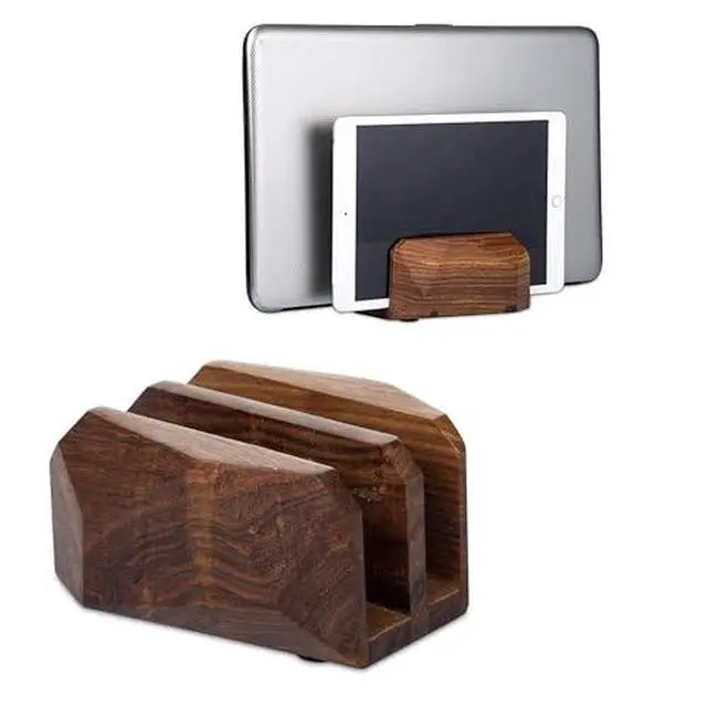 Alt view image 6 of 6 - Premium Vertical Laptop Stand Wooden Dock Compatible MacBook & Laptops | Dual Dock Slot | Ergonomic Desktop Holder & Space-Saving Office Desk Accessory (Indian Rosewood)