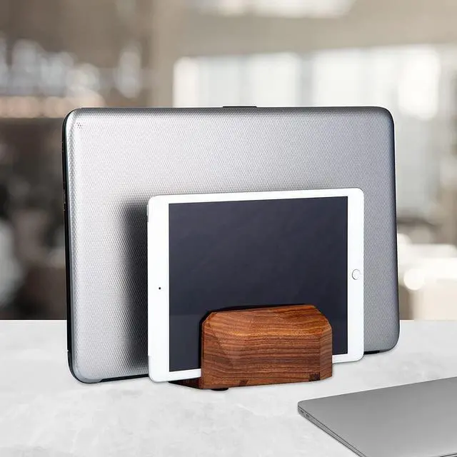 Alt view image 3 of 6 - Premium Vertical Laptop Stand Wooden Dock Compatible MacBook & Laptops | Dual Dock Slot | Ergonomic Desktop Holder & Space-Saving Office Desk Accessory (Indian Rosewood)