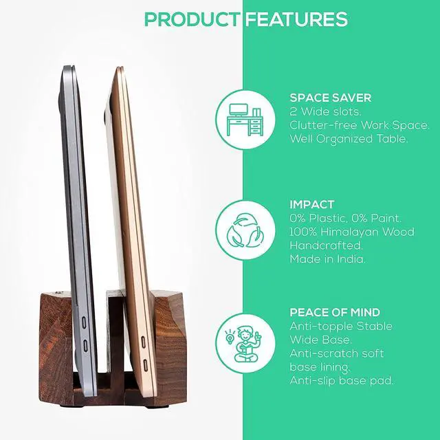 Alt view image 4 of 6 - Premium Vertical Laptop Stand Wooden Dock Compatible MacBook & Laptops | Dual Dock Slot | Ergonomic Desktop Holder & Space-Saving Office Desk Accessory (Indian Rosewood)