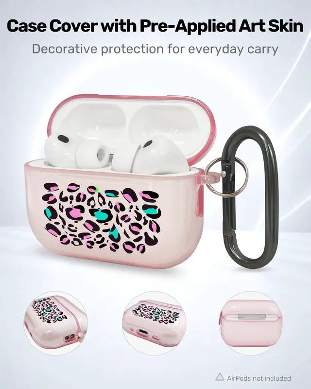 Alt view image 2 of 6 - for AirPods Pro 3 Case Cover with Art Skin, Cute TPU AirPods Case with Keychain Hook, Semi-Transparent Decorative Case for Women, Leopard, Clear Pink