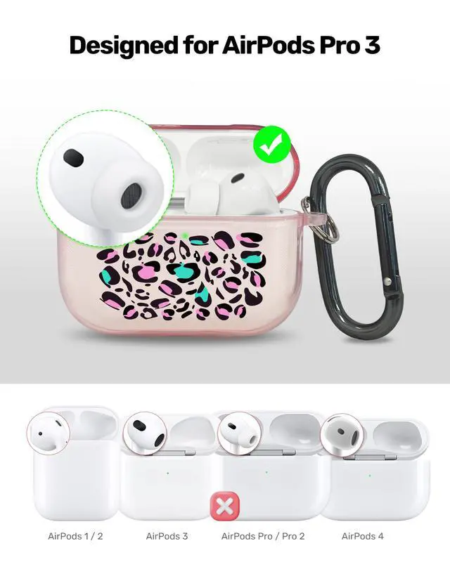 Alt view image 3 of 6 - for AirPods Pro 3 Case Cover with Art Skin, Cute TPU AirPods Case with Keychain Hook, Semi-Transparent Decorative Case for Women, Leopard, Clear Pink
