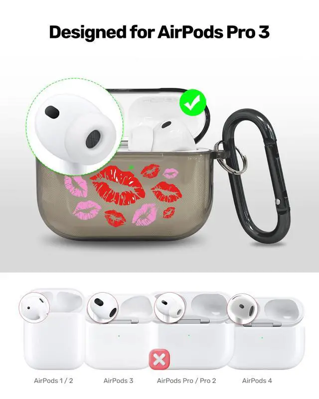 Alt view image 3 of 6 - for AirPods Pro 3 Case Cover with Art Skin, Cute TPU AirPods Case with Keychain Hook, Semi-Transparent Decorative Case for Women, Red Lips, Clear Black