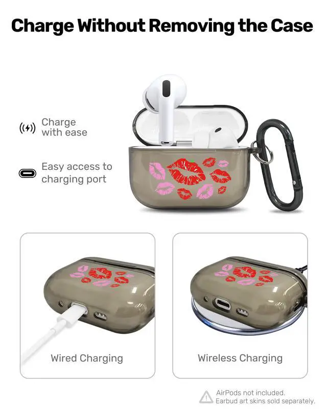 Alt view image 4 of 6 - for AirPods Pro 3 Case Cover with Art Skin, Cute TPU AirPods Case with Keychain Hook, Semi-Transparent Decorative Case for Women, Red Lips, Clear Black