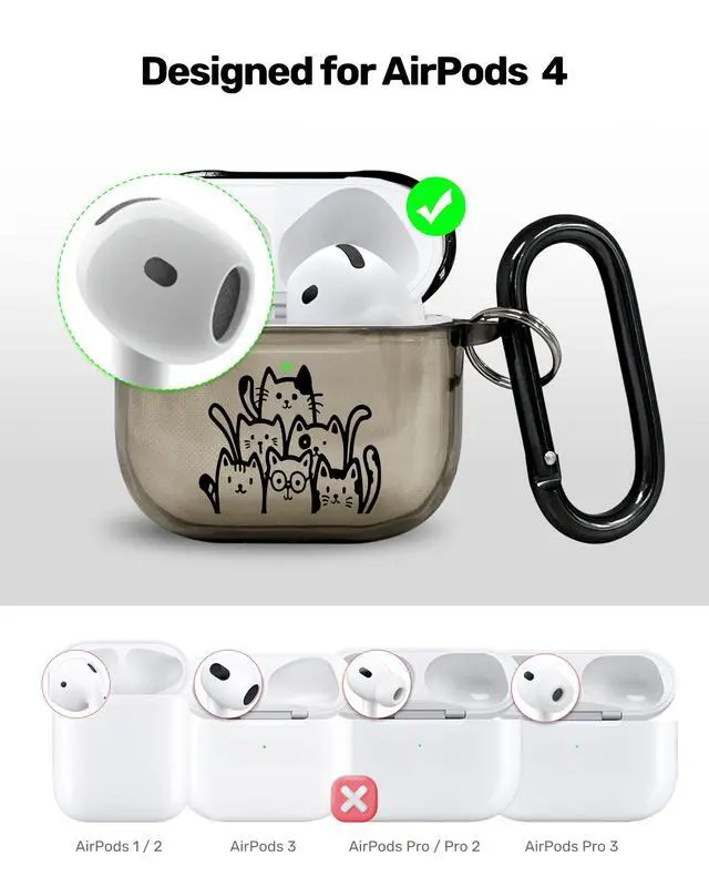 Alt view image 3 of 6 - for AirPods 4 Case Cover with Art Skin, Cute TPU AirPods Case with Keychain Hook, Semi-Transparent Decorative Case for Women, Cute Cat, Clear Black