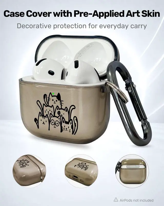 Alt view image 2 of 6 - for AirPods 4 Case Cover with Art Skin, Cute TPU AirPods Case with Keychain Hook, Semi-Transparent Decorative Case for Women, Cute Cat, Clear Black