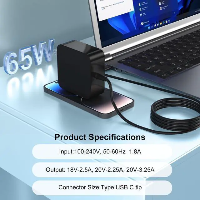 Alt view image 4 of 6 - 65W USB-C Charger Compatible with Microsoft Surface Pro 12 (2025) 11 10 9 | and Surface Pro 13-inch (OLED) Snapdragon X Elite, for Surface Pro 2-in-1 Tablet Laptop (2024) Copilot+ PC Power Adapter