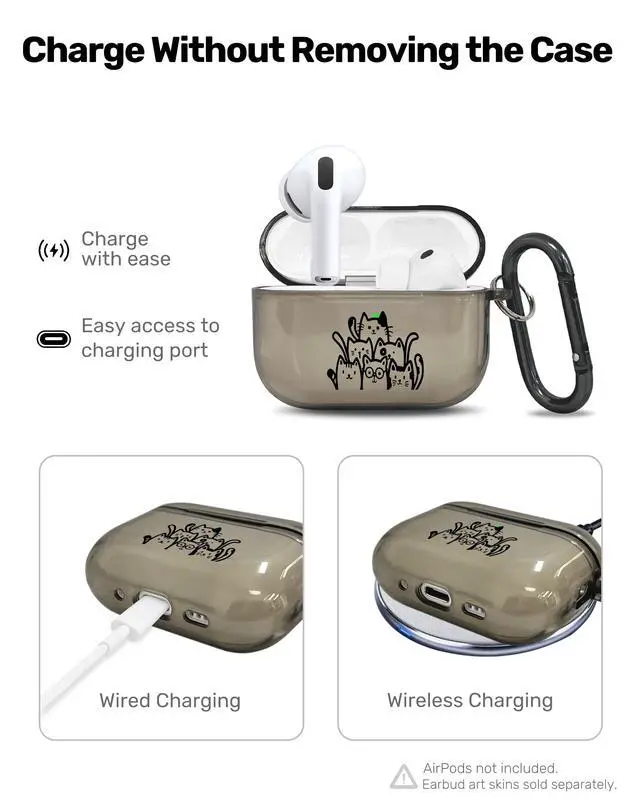 Alt view image 4 of 6 - for AirPods Pro 3 Case Cover with Art Skin, Cute TPU AirPods Case with Keychain Hook, Semi-Transparent Decorative Case for Women, Cute Cat, Clear Black