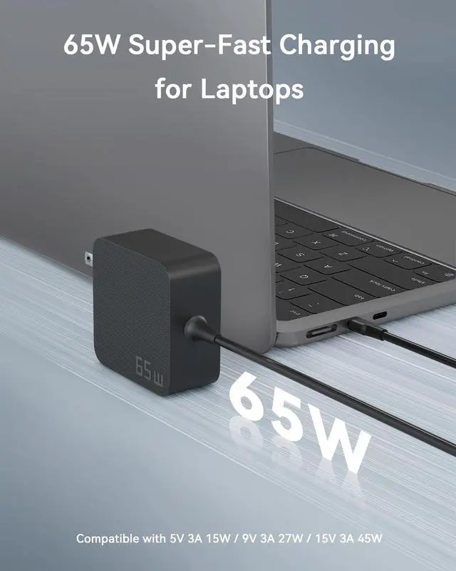 Alt view image 2 of 7 - 65W USB C Laptop Charger for Lenovo Thinkpad Yoga HP Elitebook Spectre Dell Latitude MacBook Pro ASUS Chromebook Samsung 20V 3.25A Type C Power Adapter