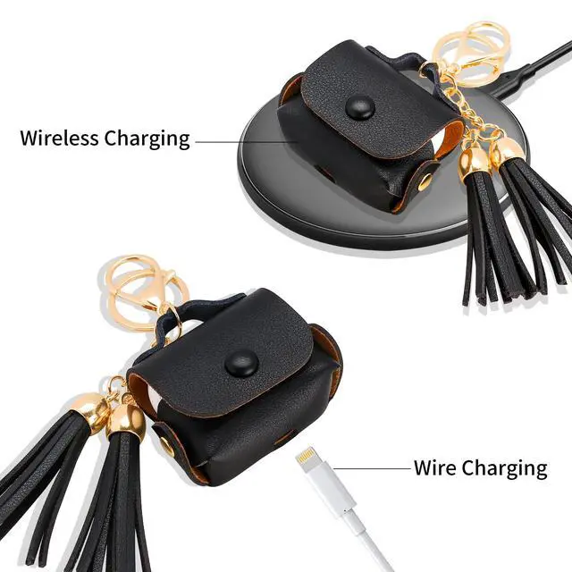 Alt view image 4 of 6 - Case Cover for AirPods 3 (2021), PU Leather Case with Couple of Drooping Tassels Compatible with Apple AirPods 3rd Generation - Black