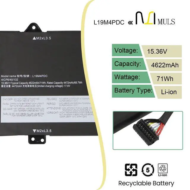 Alt view image 2 of 7 - L19M4PDC Laptop Battery for Lenovo Ideapad Yoga 7-14ITL5 7-15ITL5 82BJ | Series L19C4PDC L19L4PDC 5B10Z26482 5B10Z26485 SB10Z26486 5B10Z26479 SB10Z26483 15.36V 4622mAh 71Wh