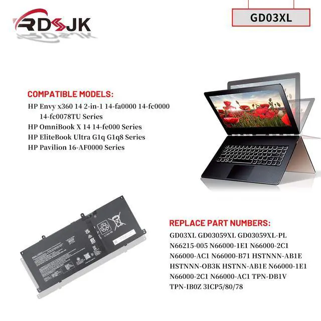 Alt view image 3 of 7 - GD03XL Laptop Battery for HP Envy x360 14 2-in-1 14-fa0000 14-fc0000 OmniBook X 14 14-fe000 14-fe0057nr 14-fe0058nr EliteBook Ultra G1q G1q8 Series GD03059XL N66215-005 HSTNNN-AB1E N66000-1E1 59.16Wh