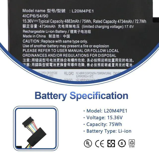 Alt view image 2 of 7 - L20C4PE1 L20L4PE1 L20M4PE1 Laptop Battery for Lenovo IdeaPad 5 Pro-16ACH6 | Pro-16IHU6, IdeaPad Creator 5-16ACH6 Series, 5B11B66552 SB11B66551 5B11B66555 5B11B66554 15.36V 75Wh 4883mAh