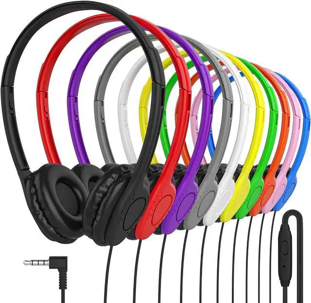 Main image of Bulk Headphones with Microphone, 20 Pack Multicolor Wired On-Ear Headsets 3.5mm Jack, Leatherette Cushions, Adjustable Headband for Classrooms, Libraries, Remote Learning, Office