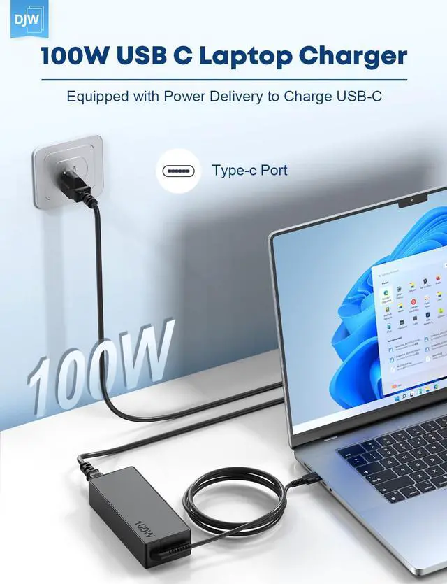 Alt view image 3 of 7 - 100W USB C Laptop Charger Compatible with Lenovo Thinkpad Yoga Chromebook,Mac Book 16,15,14, 13 Inch,iPad Pro,Asus,Dell,HP,Acer,Samsung,Google All USB Type C Devices AC Power Adapter