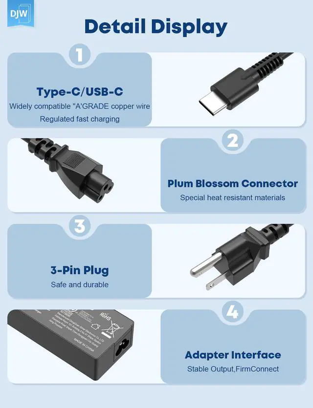 Alt view image 5 of 7 - 100W USB C Laptop Charger Compatible with Lenovo Thinkpad Yoga Chromebook,Mac Book 16,15,14, 13 Inch,iPad Pro,Asus,Dell,HP,Acer,Samsung,Google All USB Type C Devices AC Power Adapter