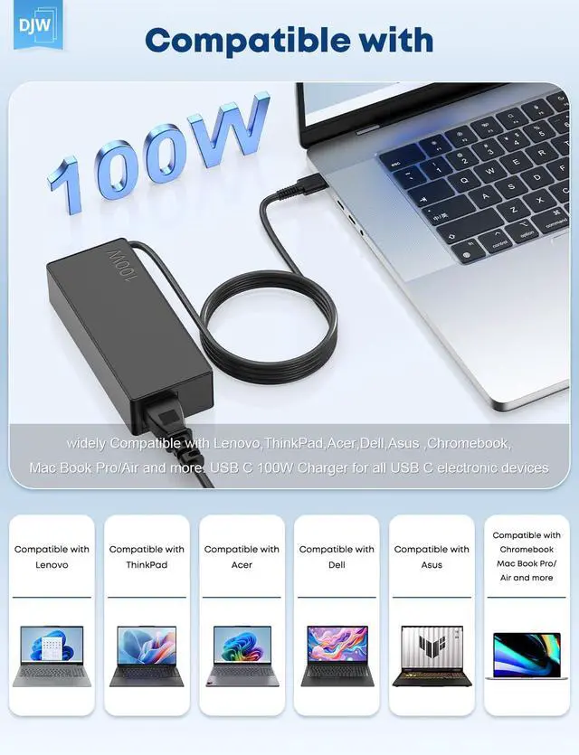 Alt view image 6 of 7 - 100W USB C Laptop Charger Compatible with Lenovo Thinkpad Yoga Chromebook,Mac Book 16,15,14, 13 Inch,iPad Pro,Asus,Dell,HP,Acer,Samsung,Google All USB Type C Devices AC Power Adapter