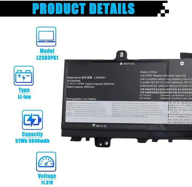 Alt view image 2 of 7 - L23B3PK1 5B11M51947 Battery Replacement for Lenovo IdeaPad Slim 5 14IMH9 14AHP9 14IRU9 15IRH9 15IRU9 16IMH9 16AHP9 16IRU9 Series L23X3PK1 5B11M51944 L23M3PK1 5B11M51941 5B11M51942 5B11M51946 57Wh