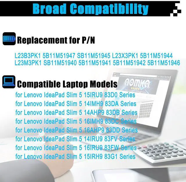 Alt view image 3 of 7 - L23B3PK1 5B11M51947 Battery Replacement for Lenovo IdeaPad Slim 5 14IMH9 14AHP9 14IRU9 15IRH9 15IRU9 16IMH9 16AHP9 16IRU9 Series L23X3PK1 5B11M51944 L23M3PK1 5B11M51941 5B11M51942 5B11M51946 57Wh