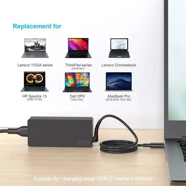 Alt view image 3 of 6 - 65W USB-C Laptop Charger, Chromebook Charger Compatible with Lenovo Chromebook C330 S330 100e 300e 500e Yoga C930 C940 720 ThinkPad T480 T490 T570 T580 with 5.9ft DC USB C Charging Cable