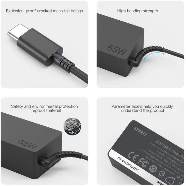 Alt view image 6 of 6 - 65W USB-C Laptop Charger, Chromebook Charger Compatible with Lenovo Chromebook C330 S330 100e 300e 500e Yoga C930 C940 720 ThinkPad T480 T490 T570 T580 with 5.9ft DC USB C Charging Cable