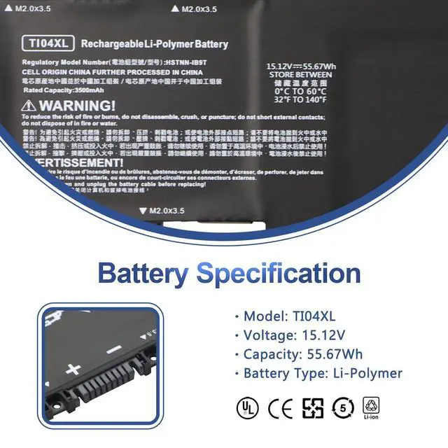 Alt view image 2 of 7 - TI04XL Laptop Battery Replacement for HP Envy 17-CH Series 55.67Wh | 17-CH0027UR 17-CH0026UR 17M-CH0013DX Series TIO4XL TI04055XL M24563-005 M24420-1C1 M24420-1D1 HSTNN-IB9T 15.12V