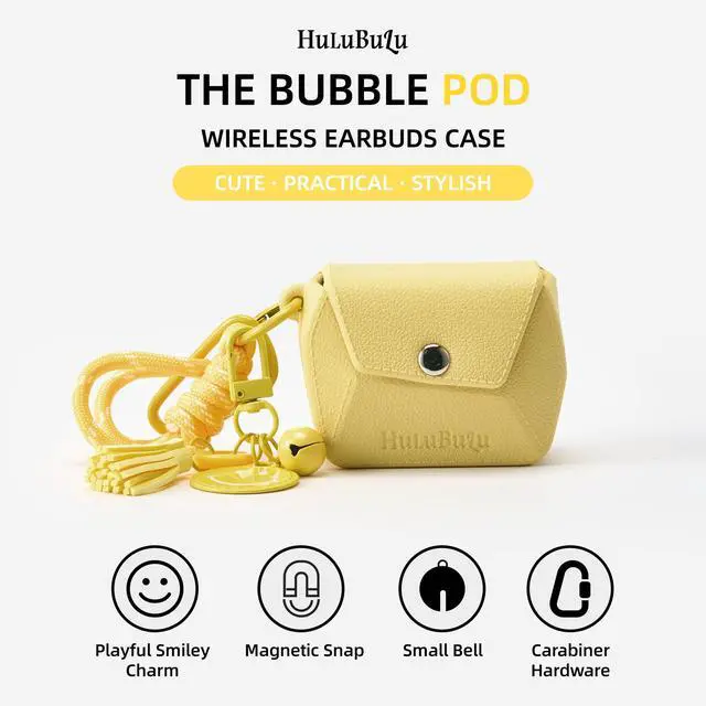 Alt view image 5 of 6 - Bubble Pod Wireless Earbuds Case, Shockproof Waterproof EVA Case with Strap & Smiley Charm for Girls,Teens,GiftLight Yellow