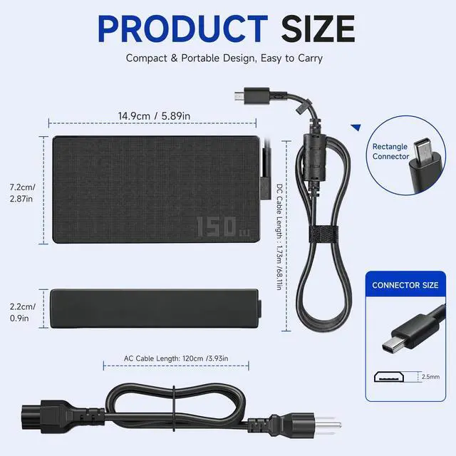 Alt view image 3 of 7 - 150W Laptop Charger Compatible with ASUS V16 Gaming Laptop V3607VU-DS76 V3607VJ-DS76 V3607VM-ES74, 20V 7.5A Rectangle Conn AC Power Supply Adapter Cord