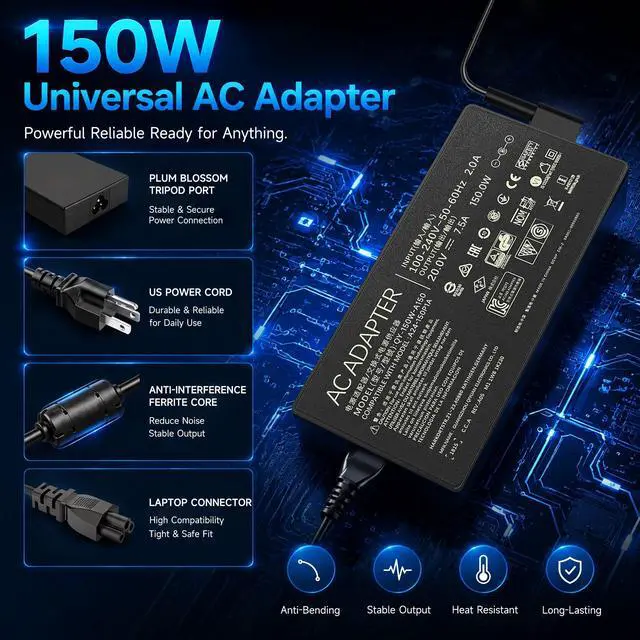 Alt view image 6 of 7 - 150W Laptop Charger Compatible with ASUS V16 Gaming Laptop V3607VU-DS76 V3607VJ-DS76 V3607VM-ES74, 20V 7.5A Rectangle Conn AC Power Supply Adapter Cord