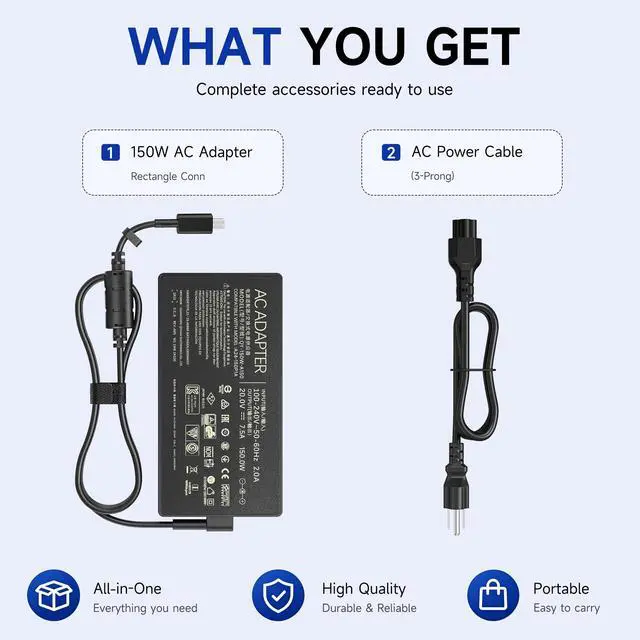 Alt view image 7 of 7 - 150W Laptop Charger Compatible with ASUS V16 Gaming Laptop V3607VU-DS76 V3607VJ-DS76 V3607VM-ES74, 20V 7.5A Rectangle Conn AC Power Supply Adapter Cord