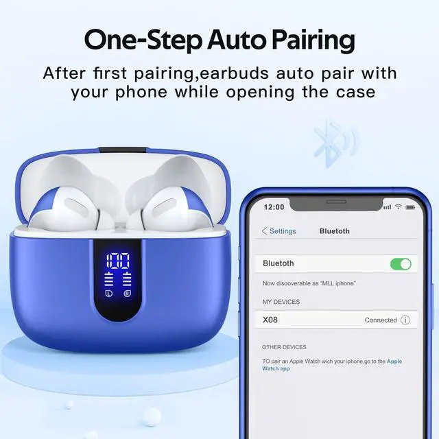 Alt view image 5 of 6 - 2 Sets X08 Ocean Blue and Sunset Pink Bluetooth Headphones True Wireless Earbuds 60H Playback Ear Buds with Wireless Charging Case in-Ear Earbuds with Mic