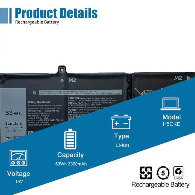Alt view image 2 of 6 - H5CKD Laptop Battery, 15V 53Wh 3360mAh Compatible with Dell Vostro 5300 5401 5501 Latitude 3410 3510 Inspiron 5300 5401 5408 5501 5508 5400 7405 7300 7500 2-in-1 Silver Series 07T8CD
