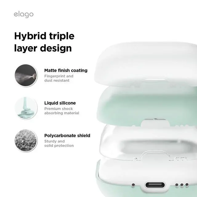 Alt view image 2 of 6 - Liquid Hybrid Case for AirPods 4 | Triple Layer Protection, Keychain Included, Wireless Charging, Shock Resistant (Mint)