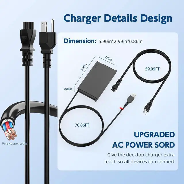 Alt view image 4 of 5 - 170W 20V 8.5A Charger Compatible with Lenovo P50 P51 P52 P53 P70 P71 P73 P1 W540 W541 T540P P15 P17 P15V P15G T15G T15P AC Power Cord (USB Rectangular shap)